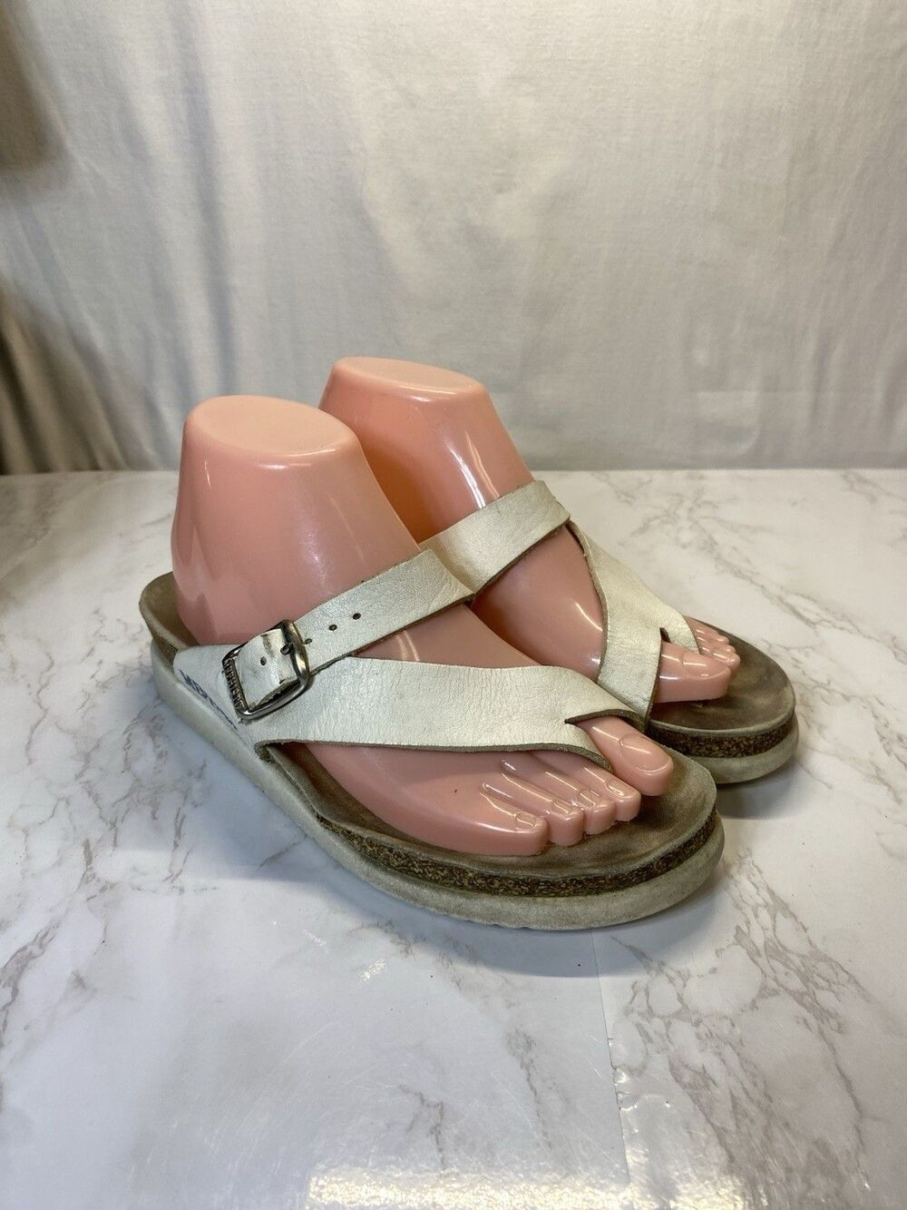 Mephisto Helen White Leather Toe Loop Sandal Buckle Slide Cork Comfort EU38 Sz 8